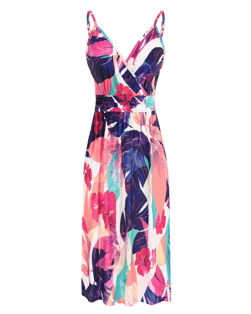 OUGES Women's Summer Spaghetti Strap V-Neck Floral Midi Casual Dress with Pockets(FloralJ-452,S) - Image 2